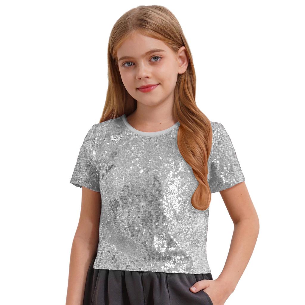 Dívčí třpytivý crop top s flitry, kulatým výstřihem a krátkým rukávem pro hip hopový taneční kostým