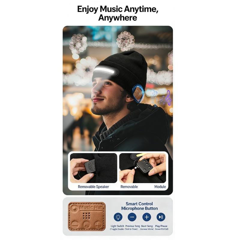 High Visibility LED Music Hat with Connectable Music Headphone Rechargeable Cap for Night Activity Safety Winter Warmth