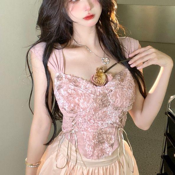 Sweet and Spicy Girl Floral Suspender Tank Top Women's Summer Pink with Chest Cushion Sexy Tie Slim Fit Short Top for External Wear