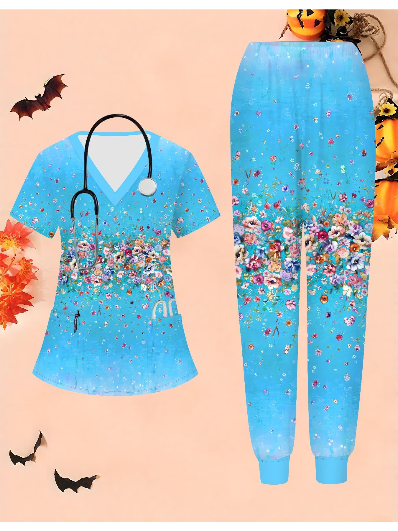 

Женский комплект медсестры с 3D-принтом цветов, короткий рукав, длинные брюки с карманом, повседневный, модный, рождественский подарок XXL синий