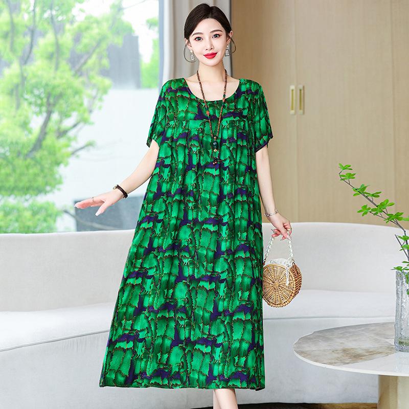 Cotton Silk Dress Women's Summer Large Size Temperament Loose Printing Casual Cotton and Linen Long Skirt