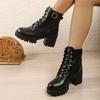High-heeled European and American Black Martin Boots, Round Toe, Thick Heel, Lace-up Leather Boots, Women's 2025 Pre-fall New Plus-size Women's Boots
