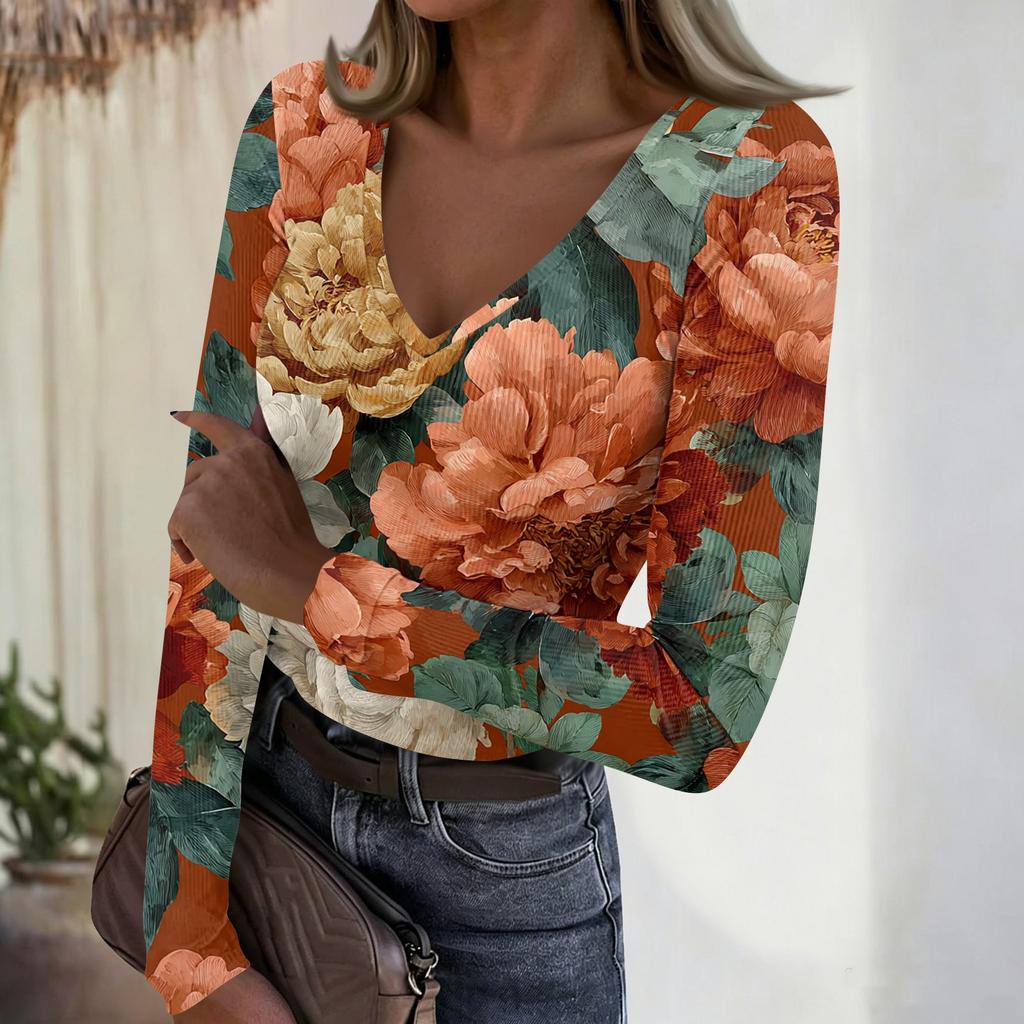 Women's Casual V-Neck Vintage Print Long Sleeve Ribbed Top for Fall and Everyday Wear