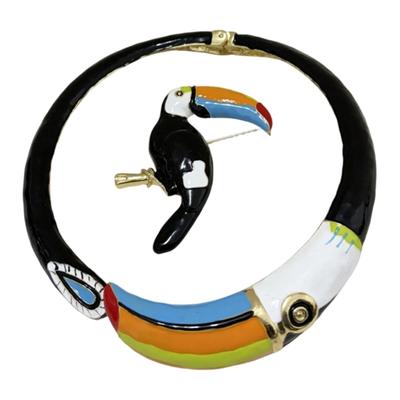 Collana con Collare di Pappagalli Smaltati Esotici Gioiello Unico Fatto a Mano Accessorio Regalo Spilla Elegante con Pappagallo