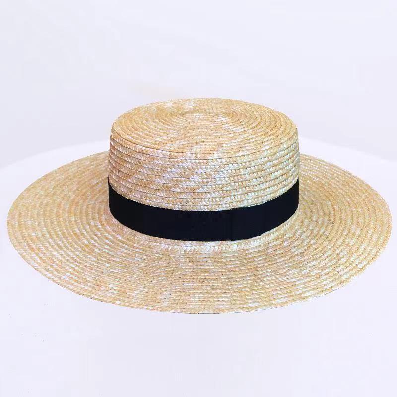 Sommer Unisex Handgefertigt Natürliches Weizenstroh Damen Sonnenhut mit Schleife Breiter Rand Flacher Oberteil Hüte Herren Strand Einfarbige Kappen Sonnenschutz A1