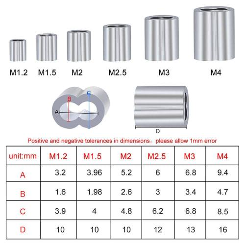 240-Piece Wire Rope Sleeve Clips, Wire Rope Thimbles, 1.2mm/1.5mm/2mm/2.5mm/3mm/4mm/5mm Crimp Sleeves for Crimping Machines