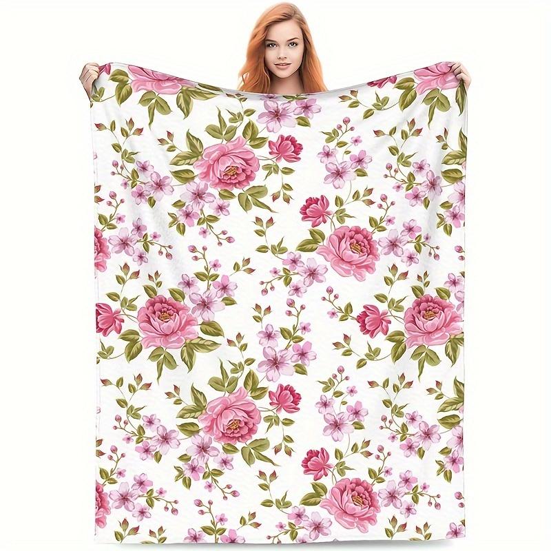 Ultra-Soft Pink Floral Throw Blanket - Plush Fleece Bedspread/Blanket with Pink Roses, All-Season Cozy Decor for Couch, Bed, or 75X95CM