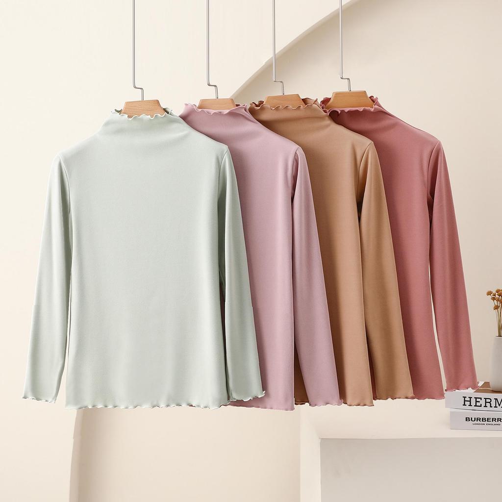 Women's Nano Fleece High Neck Ruffle Long Sleeve Warm T-shirt