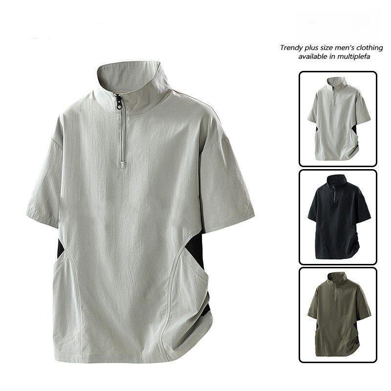 Summer Stand-up Collar Men's T-shirt American Loose Thin Short-sleeved Half-zipper Breathable Top