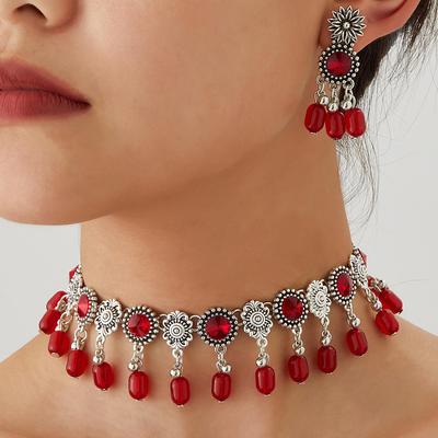 Boho Chic Perlen Quasten Choker Halskette & Retro Ohrringe Set für Damen