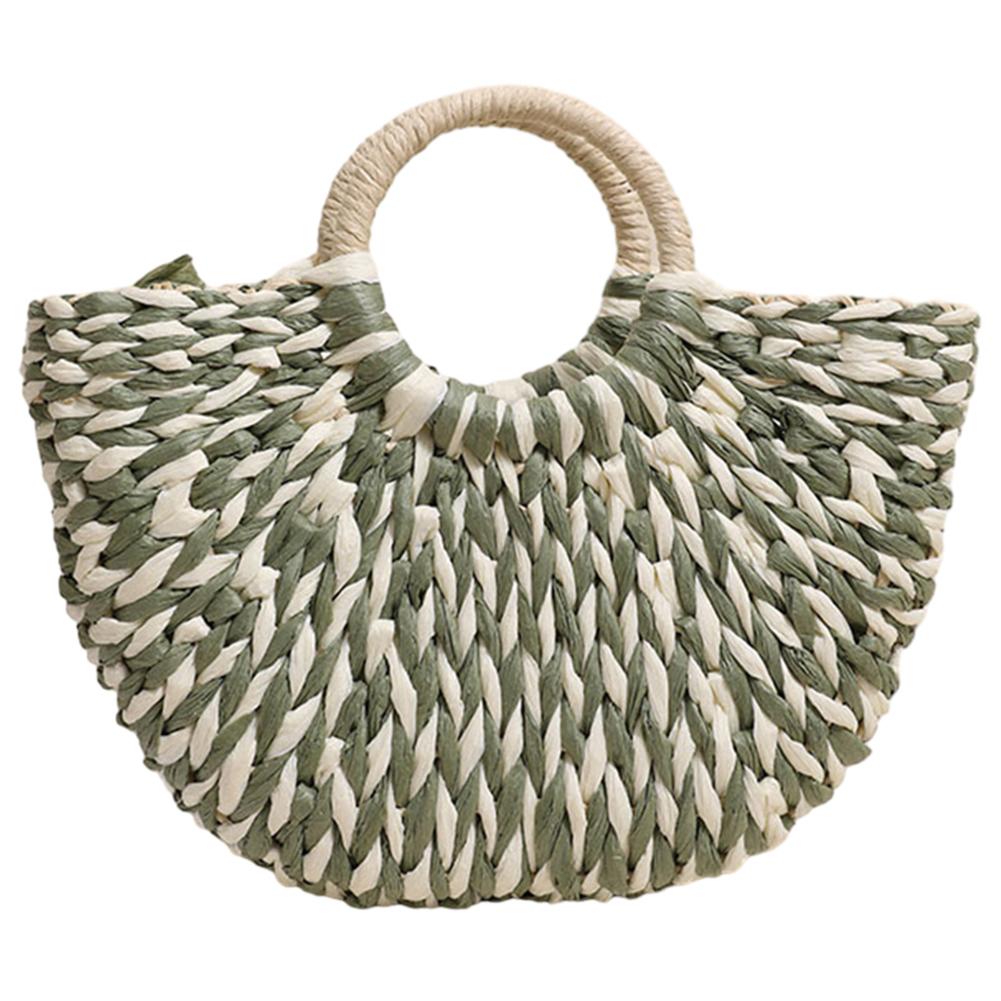 Straw Handbags Handwoven Beach Top-Handle Bags Hollow Out Stripe Tote Hand Bags Large Capacity Half-Moon Bag for Vacation Travel