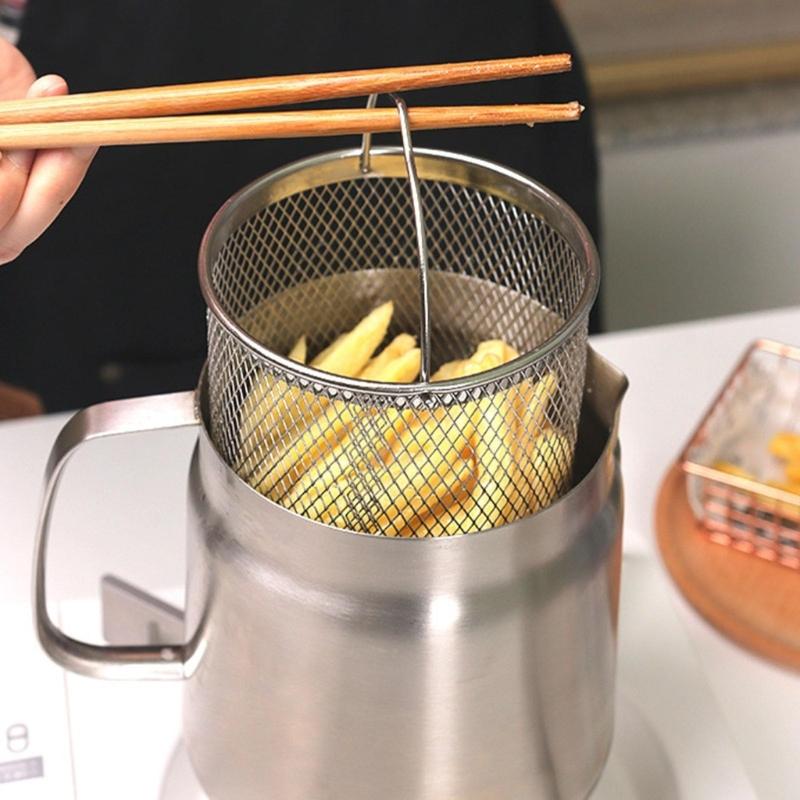 Portable Large Capacity Oil Strainer Pot Stainless Steel Cooking Oil Container with Basket for Kitchen and Outdoor Use