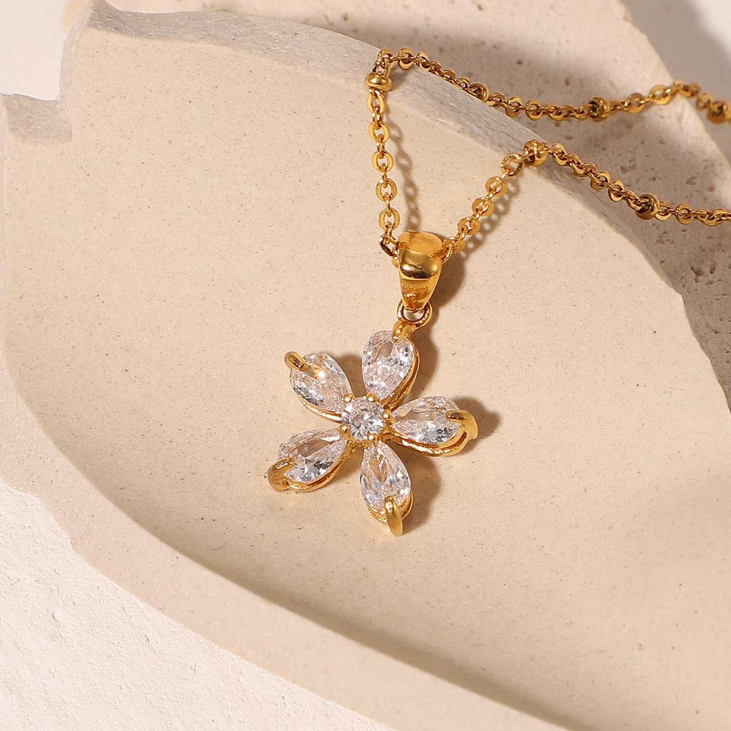 INS New Flower Necklace: 18K Gold-Plated Stainless Steel with 16mm White Zircon Five-Petal Flower Pendant for Women