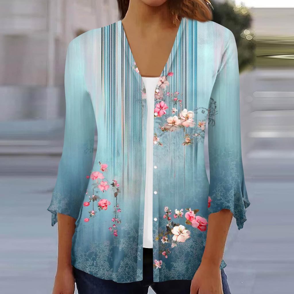 Women's Fashion Loose Casual Printed Seven-Part Sleeve Button Down Blouse Cardigan Top