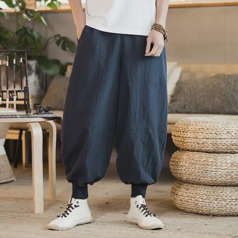 Men's Plus Size Chinese Style Embroidered Cotton-Linen Wide-Leg Summer Pants
