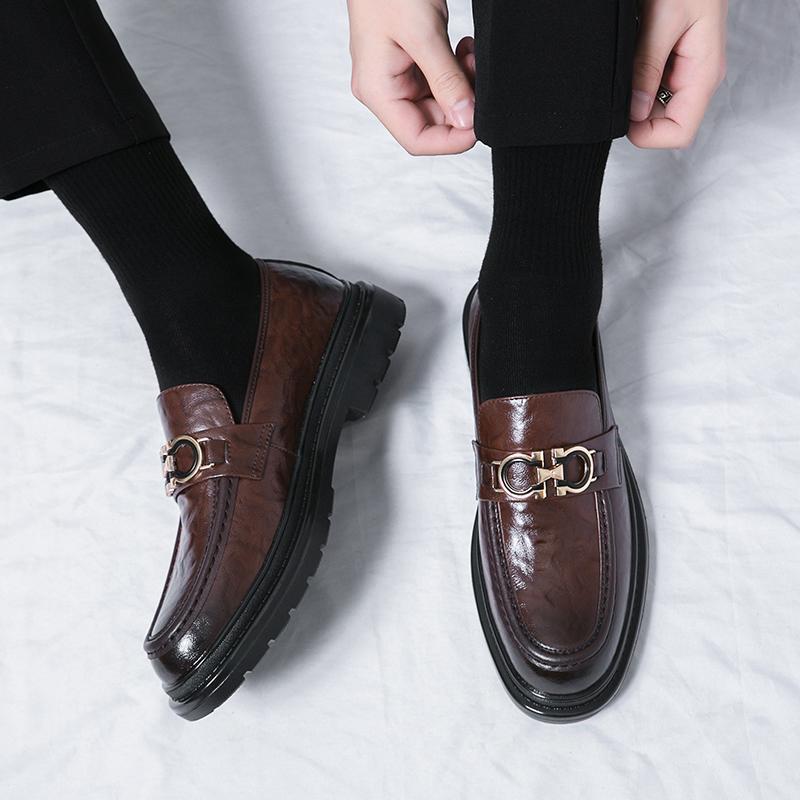 BrandNew Solid Color Loafers Gentle Styleable Business DailyWear Foot Cover Round-toe Leather FootPairs Korean Version Lazy Beans FootPairs