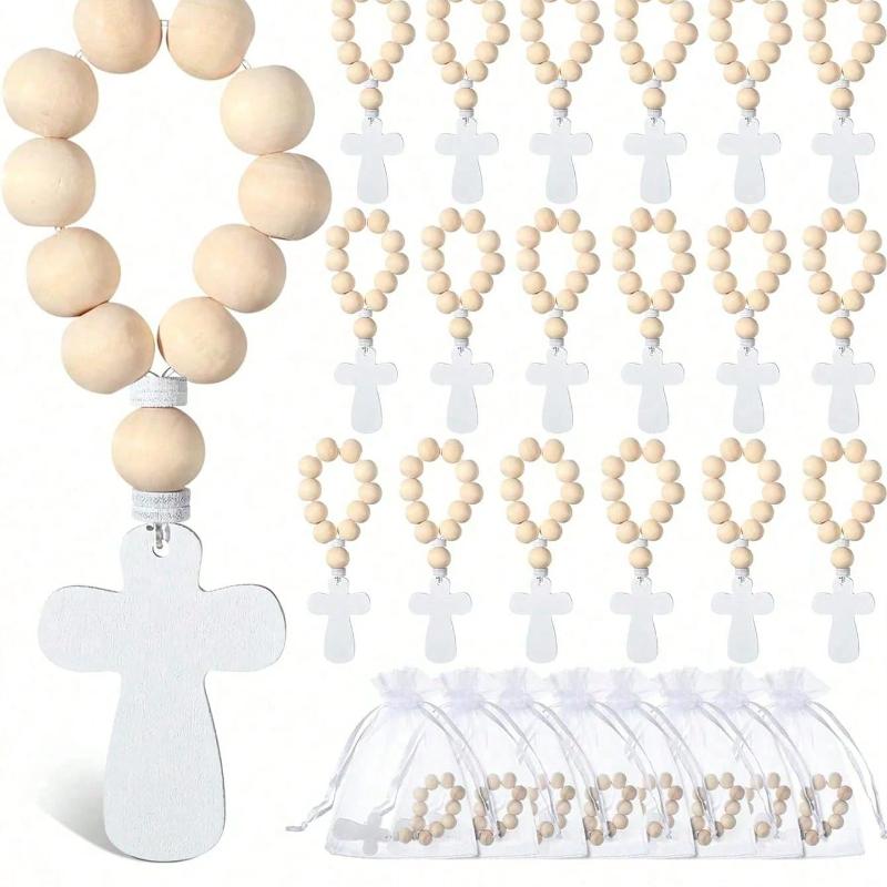 Rosary Loose Wooden Catholic Prayer Rosary With Cross Wooden Cross Pendant White Mesh Bag Used For Baptism First Communion Confirmation
