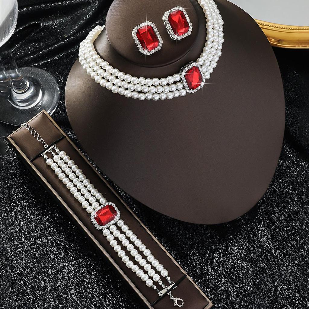 Luxury Multi-layer Imitation Pearl & Crystal Geometric Necklace with Matching Earrings