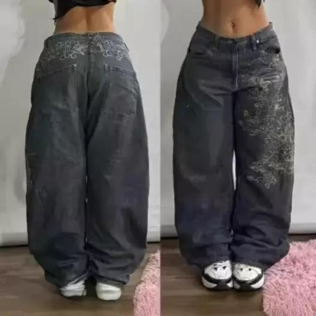 Y2K Trendy Retro Classic Pocket Skull Pattern Straight Denim Trousers American Gothic Washed Wide-leg Denim Loose Pants