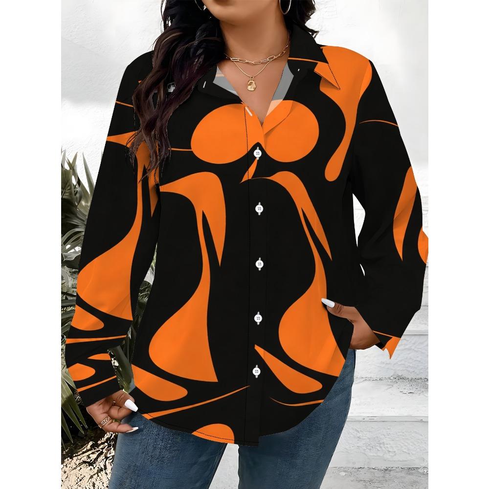 New large size women's long-sleeved printed shirt, digitally printed versatile elegant shirt orange and black abstract pattern style