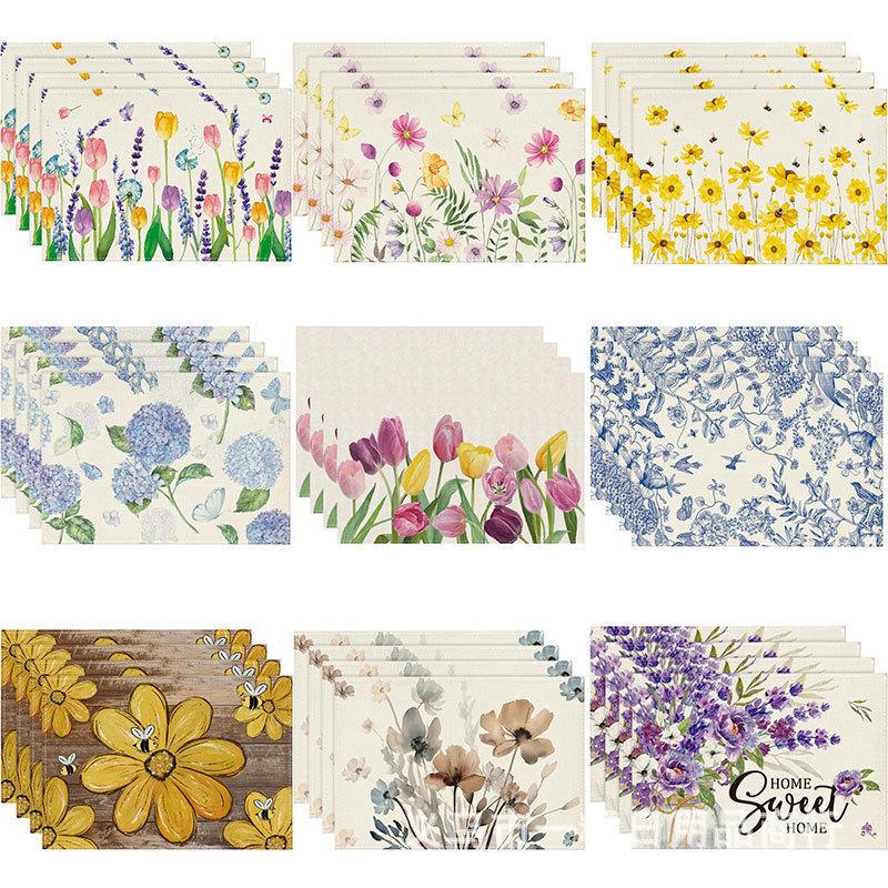 Spring & Summer Floral Linen Placemats – Heat-Resistant Fabric Table Mats for Home & Restaurant