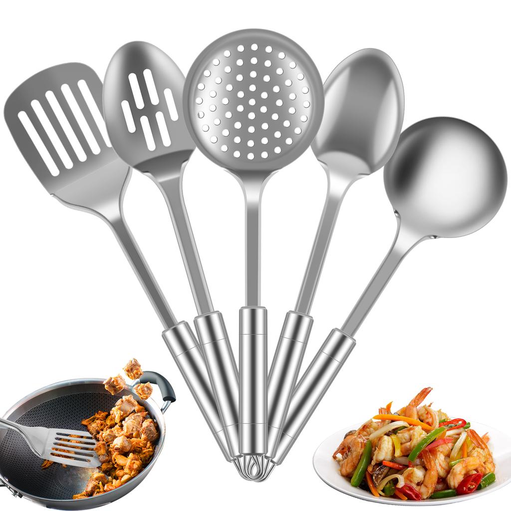 5Pcs Kitchen Cooking Utensils Set Stainless Steel Cooking Tools Reusable Kitchen Gadgets Washable Spoons Spatula Cookware Set