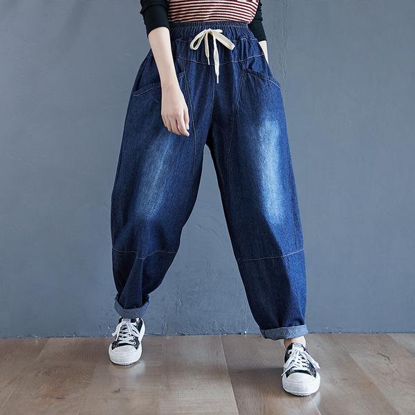 

Женские джинсы-гаремы из выстиранного денима с эластичной талией и ретро-принтом, весна 2025 2XL (Recommended for 130-150 jin)