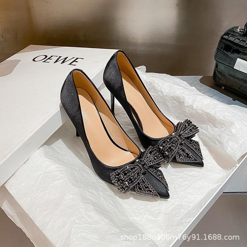 Black bow high heels women's 2025 new design sense beautiful sexy pointed temperament banquet stiletto shoes