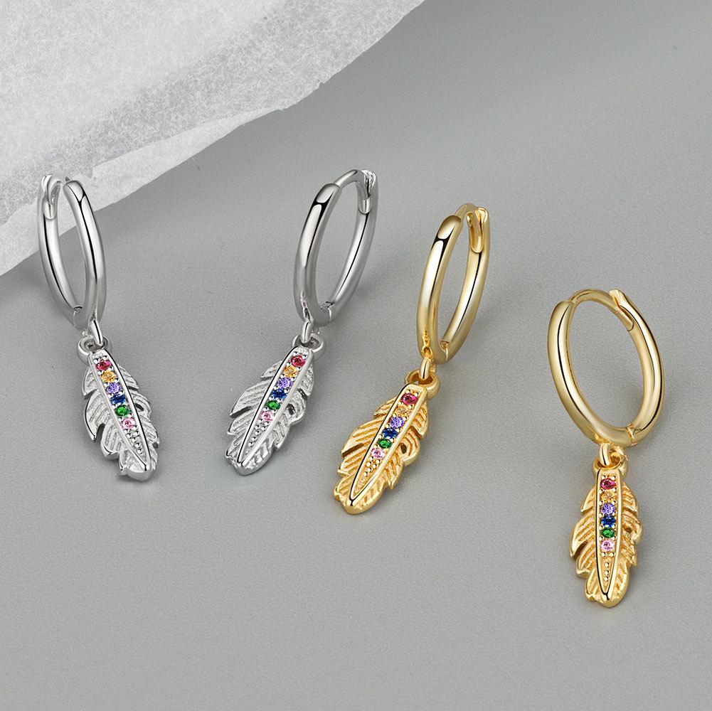 Luxury Metal Feather Earrings With Colored Stones And Zirconia High End Hoop Earrings For Women Elegant Jewelry