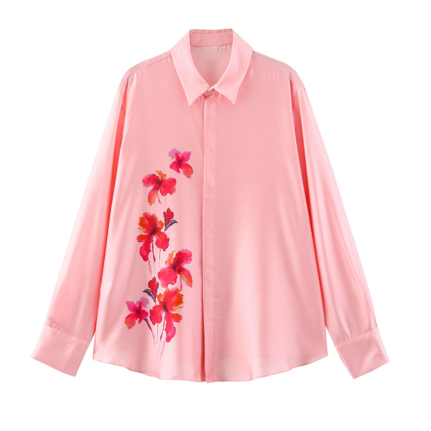 

TAOP&ZA Women s Floral Print Satin Shirt - Spring/Summer Style Large
