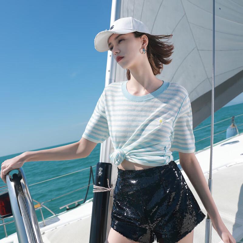 Sancai Women's Striped Short Sleeve Knit Top