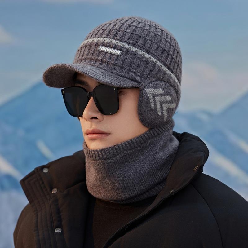 Winter Fleece Ear Protective Cap Knitted Woolen Cap  Korean Version Thickened Scarf Set Outdoor Cycling Warm Cap