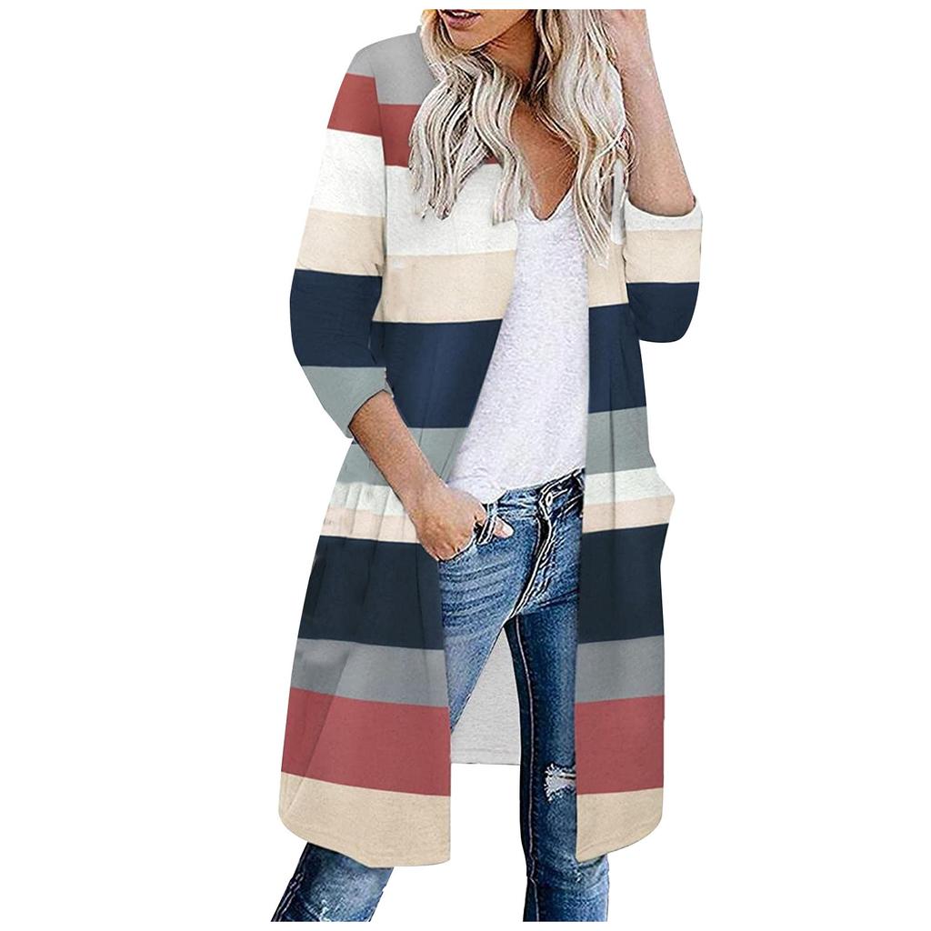 Mote Kvinner Casual Striper Lappverk Langermet Cardigan Bluse Topper