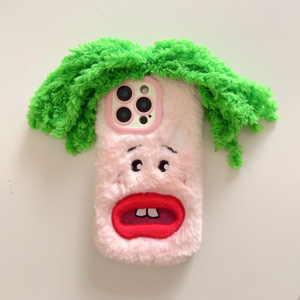 Green Hair Plush Warm Phone Case Is Suitable for Apple 16promax Lens Holder 13/12PRO Anti-drop 11.