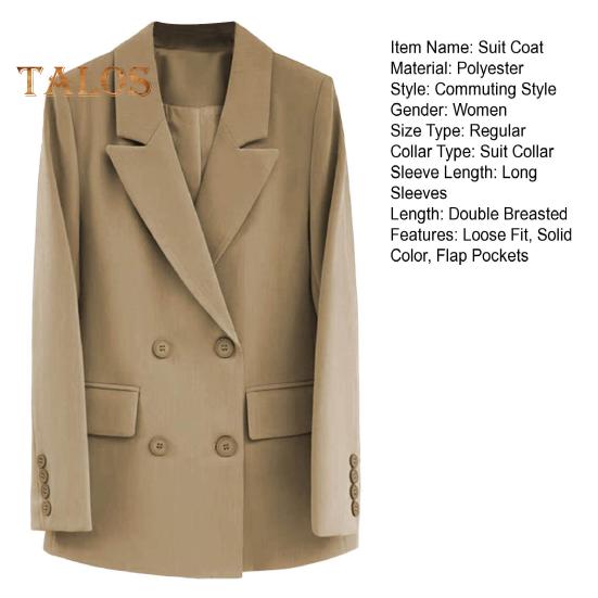Women Suit Coat Lapel Long Sleeve Double-Breasted Suit Jacket with Flap Pockets Solid Color Loose Fit Casual Business Outwear