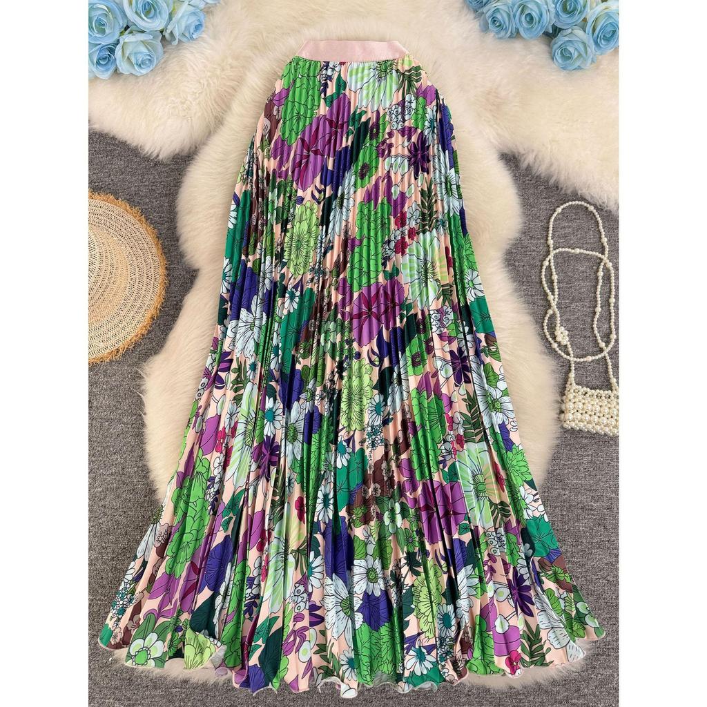 Women's 3D Print Pleated A-line Midi Skirt