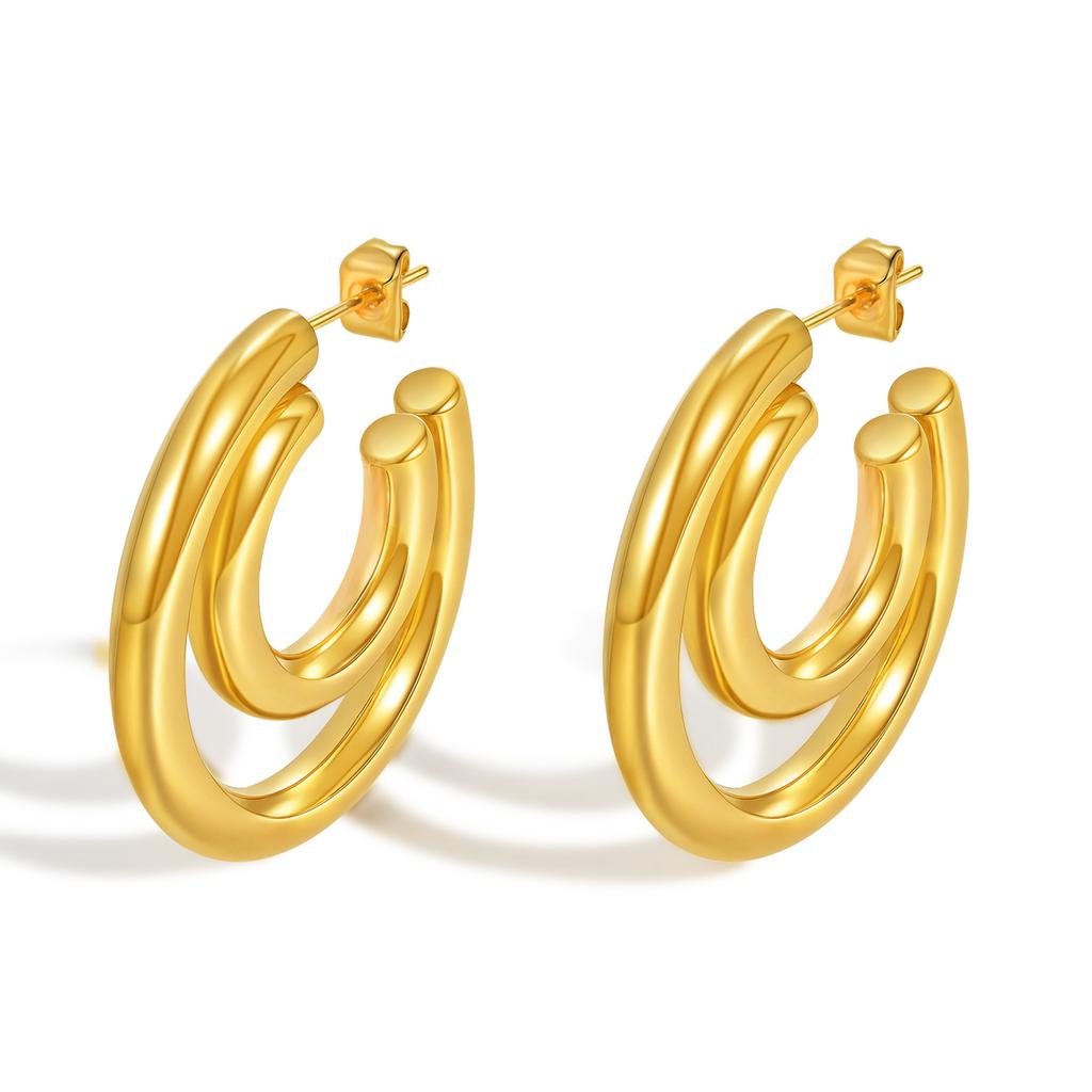 Classic C-shaped Earrings for Women,Gold Plated Stainless Steel Double Round Tube Earrings,Unique Jewelry Mother's Day Gift