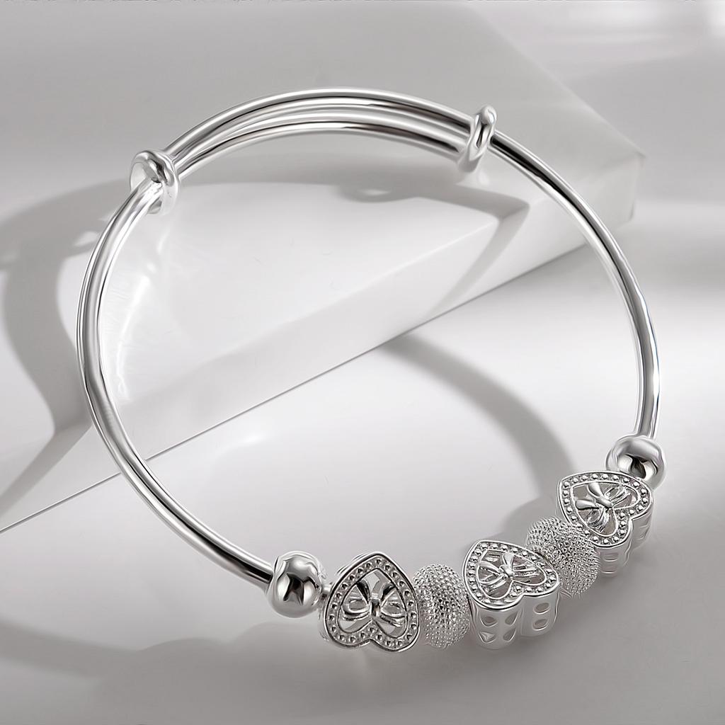 Wholesale Fine 925 Sterling Silver Bangles Bracelet Charms Heart Open for Women Lady Jewelry Adjustment Cuff Wedding Gift