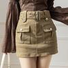 Coffee Brown Denim Mini Skirt Women A-Line High Waist Slim Fit Wrap With Built-in Shorts