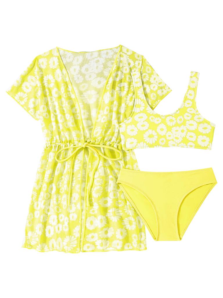 Mädchen 3-teiliger Rash Guard Badeanzug Tankini Oberteile Coverup Strandbekleidung Blumendruck Badeanzug Sonnenschutz Kleid Sommerurlaubsset