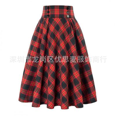 New Contrast Plaid Midi Skirt Womens Versatile Flared A-line