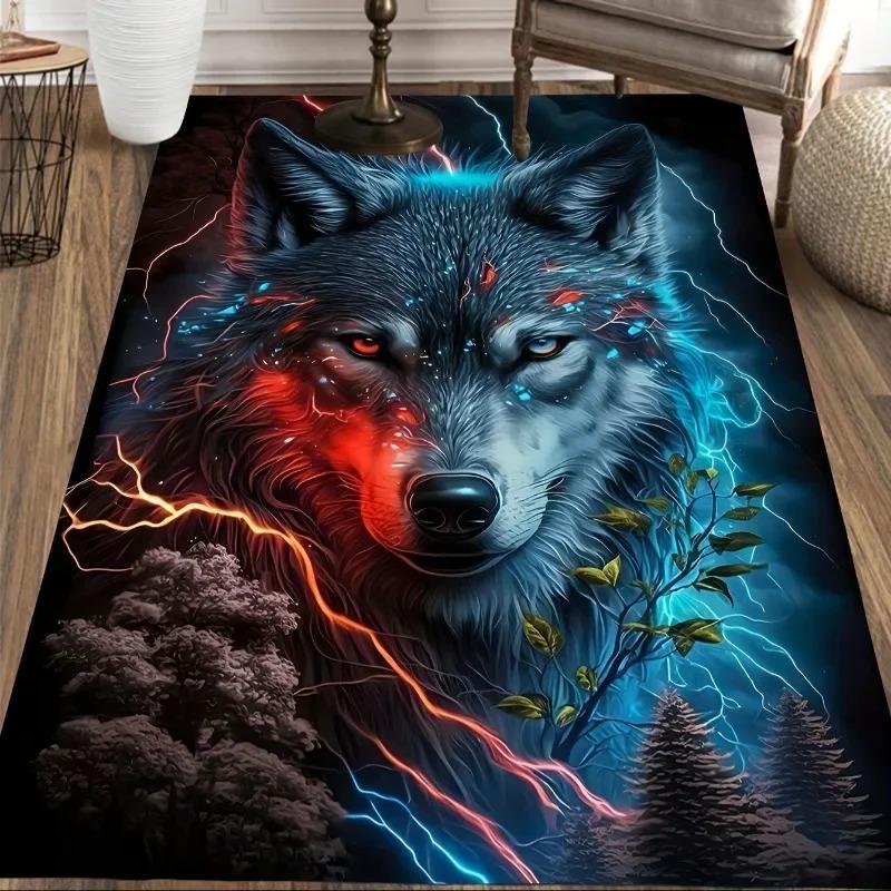 Vlčí koberec v indiánském stylu Odolná podlahová rohožka do obývacího pokoje, ložnice Mystická tmavá fantasy domácí dekorace Koberec