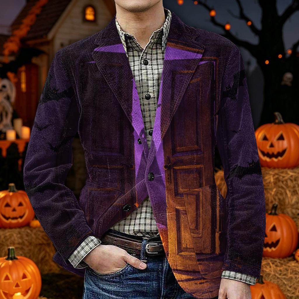 Men's Halloween Printed Corduroy Warm Blazer Jacket with Pockets Casual Suit Coat Button Front Corduroy Fabric Outerwear for Fall and Winter
