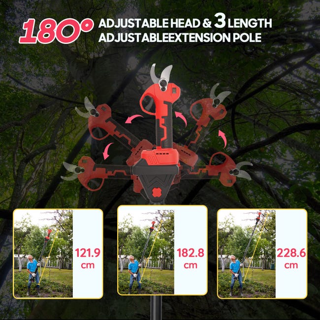 2-in-1 Akku-Astschere, 300W, mit 228,6cm Teleskopstiel, 2,0Ah Akku und 180° verstellbarem Kopf für einfache Gartenarbeit