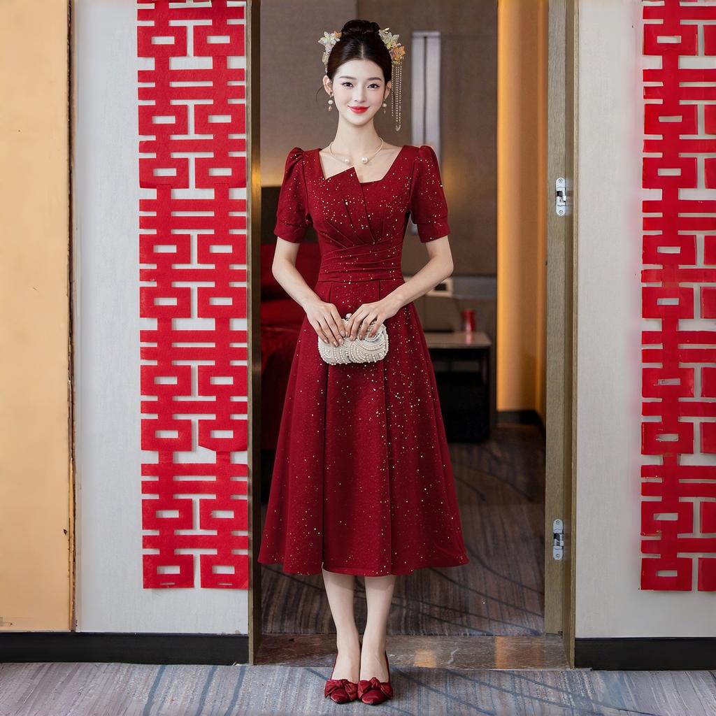 Red Square Neck Short-sleeved Toast Dress Waist and Thin Medium and Long Engagement Banquet Temperament Evening Dress Dress Women's Clothing