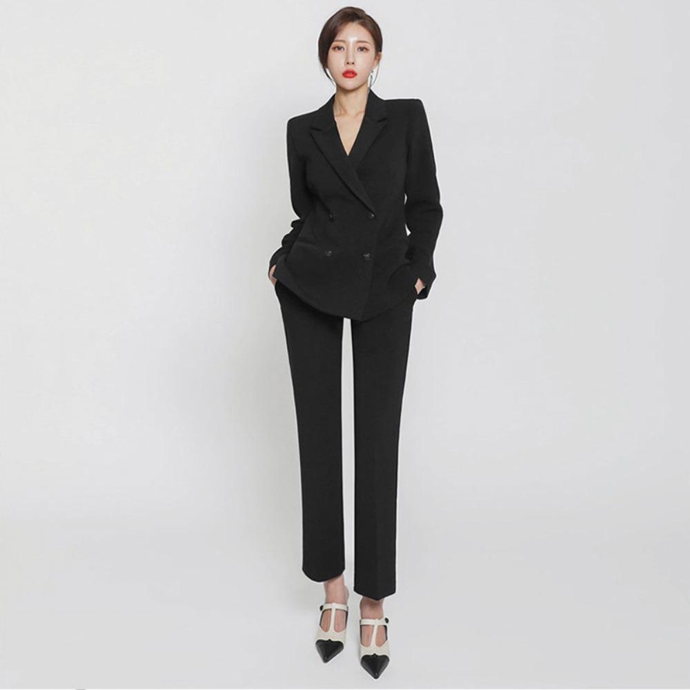 Women's Relaxed Fit 2-Piece Suit Long Sleeve Blazer High Waist Straight Leg Long Pants
