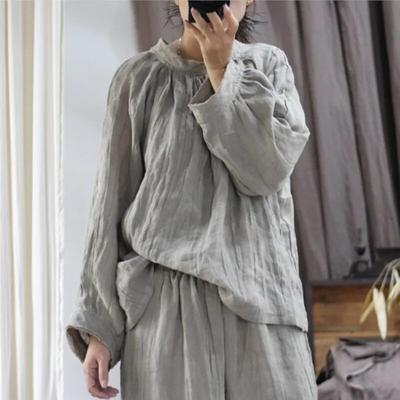 Irregular Vintage Linen Retro Shirt Autumn Woman Long Sleeves O-Neck Loose Solid Color Shirt