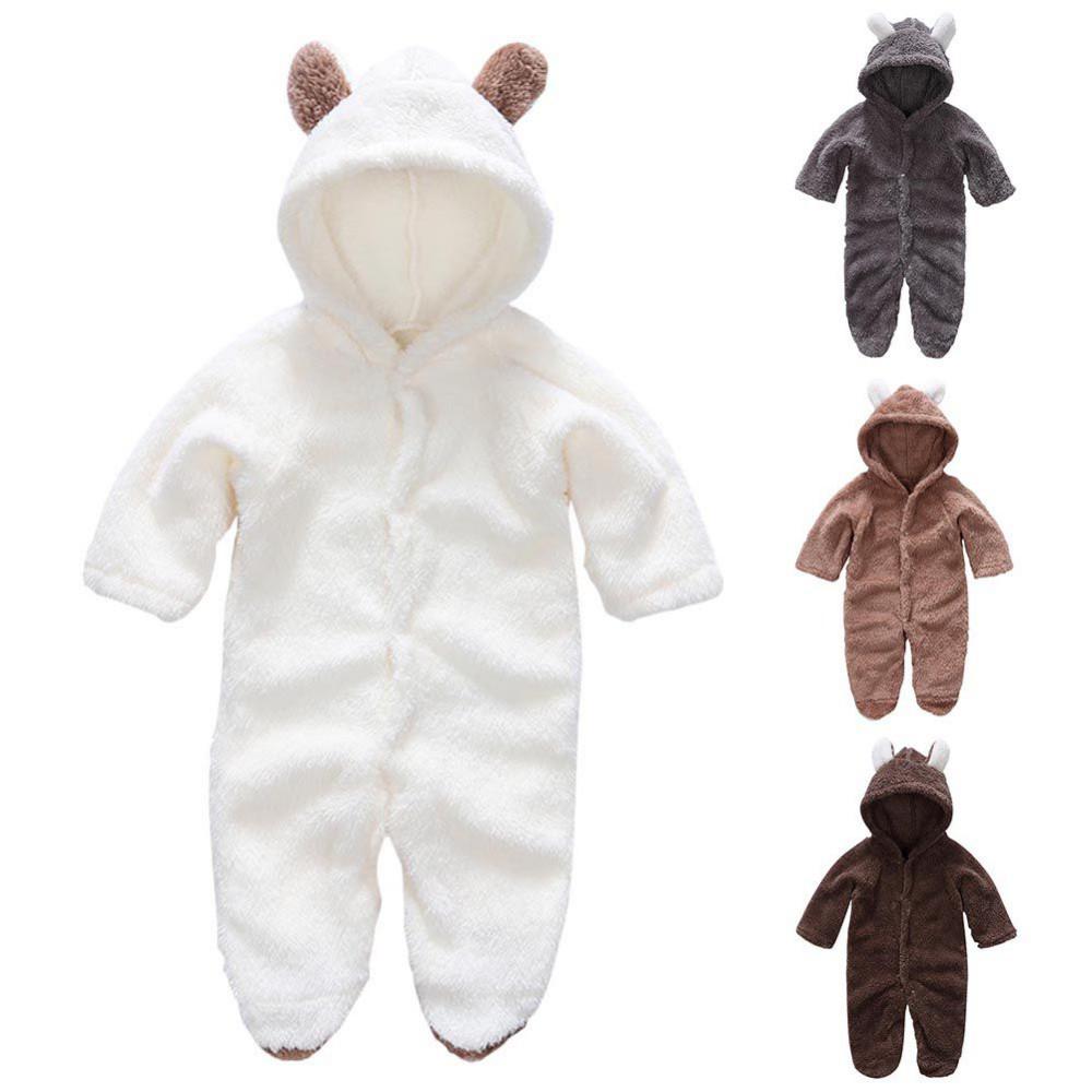 Baby Coral Fleece Hooded Romper - Long Sleeve, Warm Autumn/Winter Jumpsuit for Toddlers