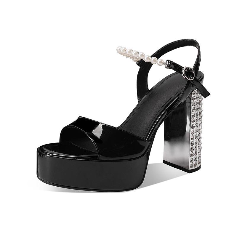 Водонепроницаемый стол с толстым каблуком стразами и круглым носком сексуальные сандалии на супервысоком каблуке из лакированной кожи с пряжкой 33 чёрный 13646₽