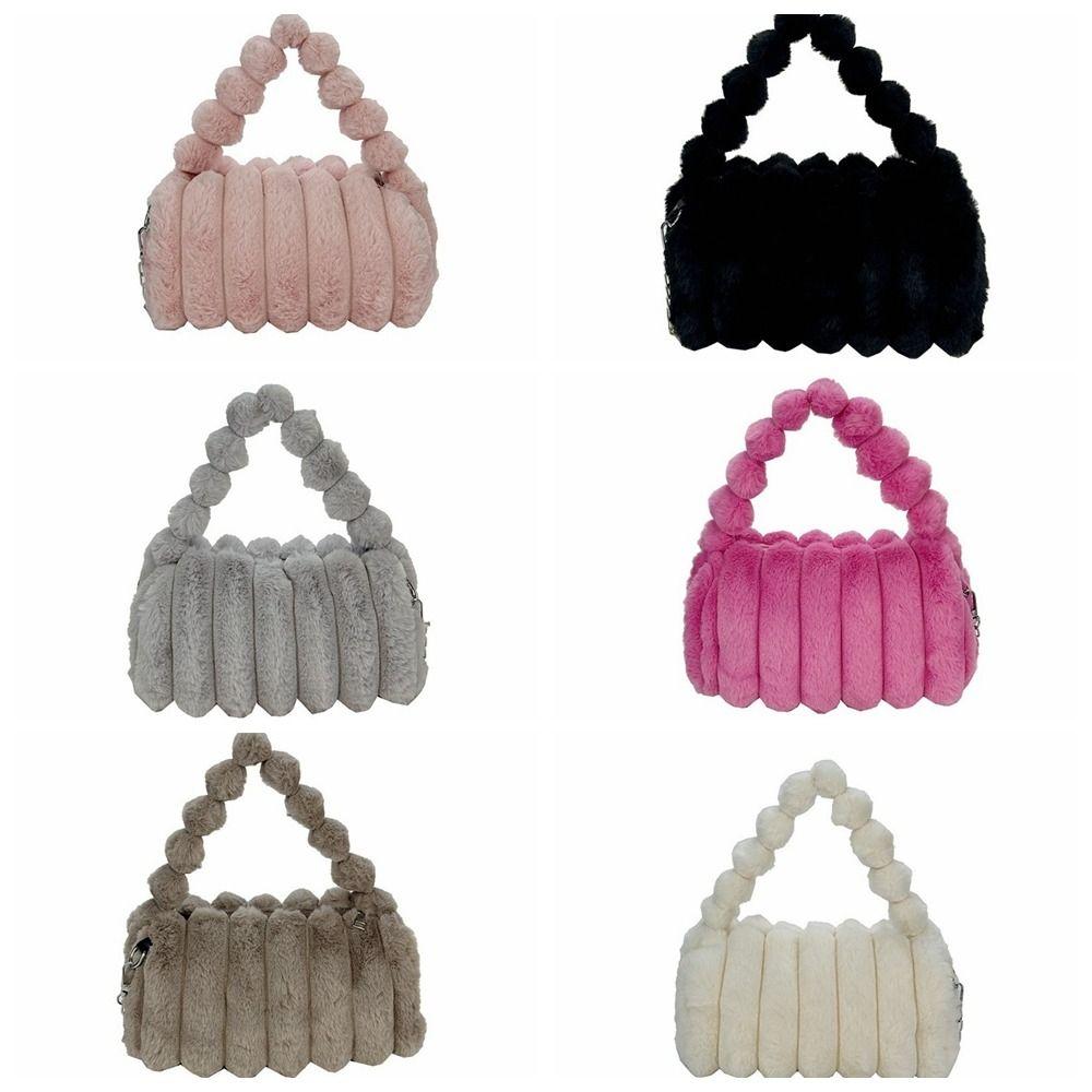 Casual Furry Handbag Zipper Large Capacity Crossbody Bag Stripe Soft Commuting Handbag Travel
